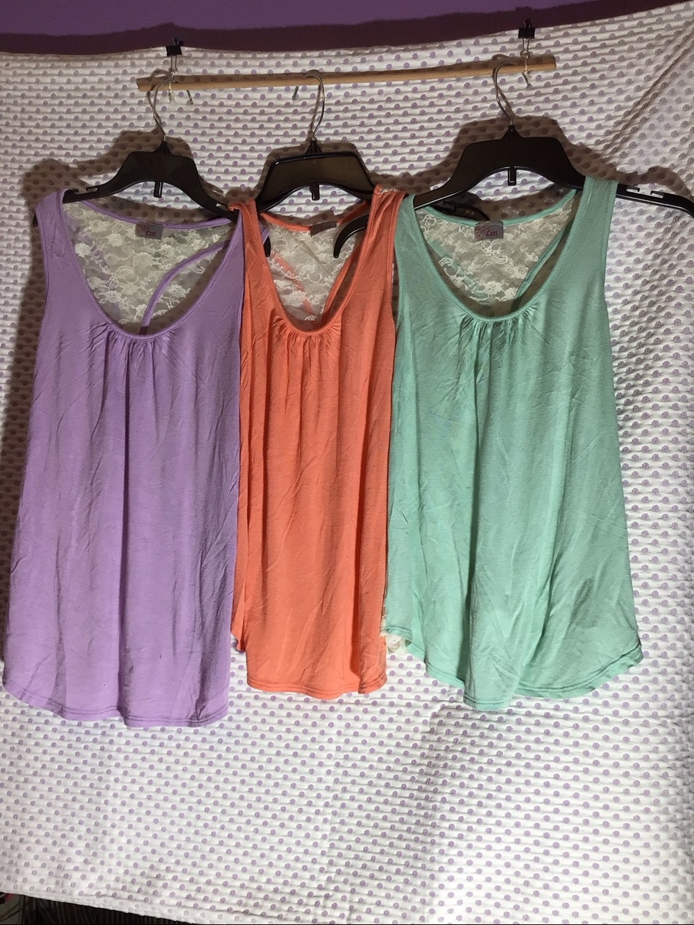 CECI Lace Back Scoop Tank Trio in Lavender, Coral, and Mint
